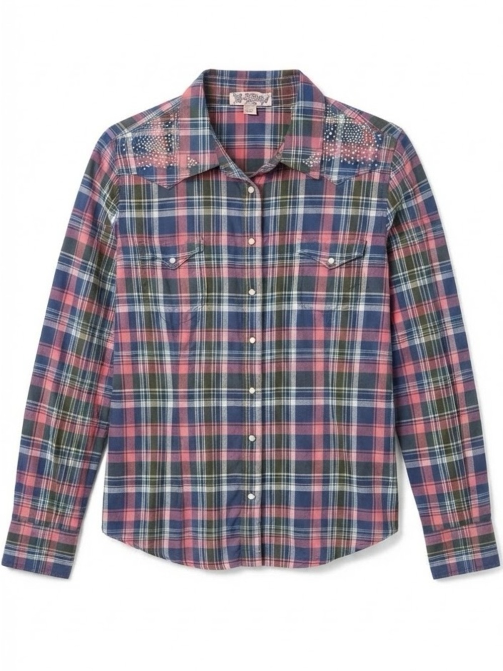 Nine West Vintage America Rhinestone Studded Plaid Western Shirt L